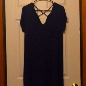 Blue t-shirt dress. Crisscross detailing on back.